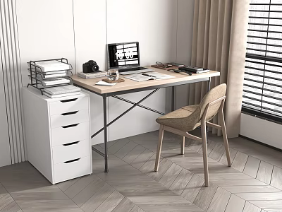 Modern Home Office Desk and Chair Set with Laptop Documents and White Drawer Cabinet 3d model