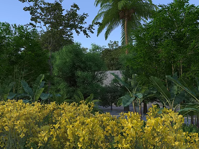 Yellow Flower Field with Lush Green Trees Palm and Small House Under Blue Sky 3d model
