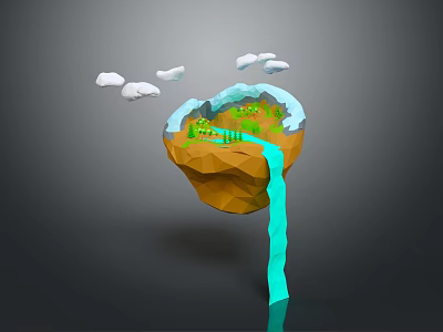 Low Poly Floating Terrain with Green Grass Pathway and Flowing Waterfall Surrounded by Clouds 3d model