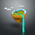 Low Poly Floating Terrain with Green Grass Pathway and Flowing Waterfall Surrounded by Clouds 3d model