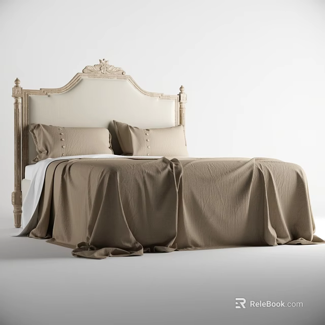 Elegant Double Bed With Ornate Cream Headboard Two Pillows And Brown Bedspread 3d model 