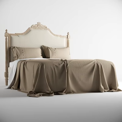 Elegant Double Bed With Ornate Cream Headboard Two Pillows And Brown Bedspread 3d model