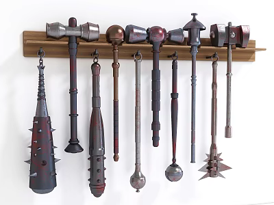 Various Metal Spiked Hammers And Weapons Hanging On Wooden Wall Rack 3d model