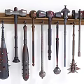 Various Metal Spiked Hammers And Weapons Hanging On Wooden Wall Rack