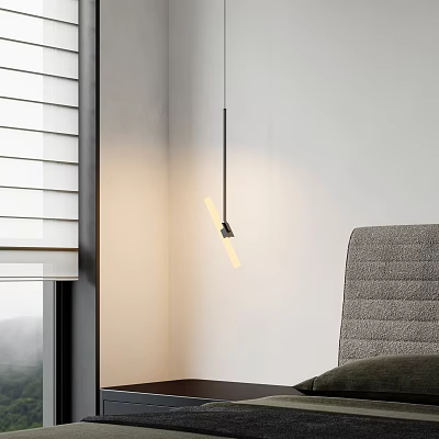 Modern Bedroom Pendant Light Hanging Over Gray Headboard With White Wall And Window Blinds 3d model