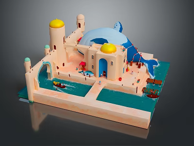 Whimsical Cartoon Scene With Yellow Domed Towers Blue Whale Building And Small Boats On Water 3d model