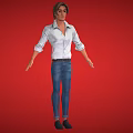 Man in White Shirt with Rolled-up Sleeves Blue Jeans and Black Shoes Against Red Background