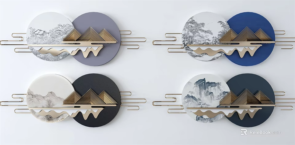 Circular Modern Wall Decor With Landscape Patterns Gold Geometric Elements In Gray White Blue Black 3d model