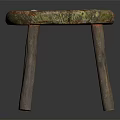 Vintage Wooden Stool with Round Seat Green Red Patina and Three Legs