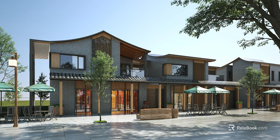 Traditional Modern Commercial Street With Outdoor Seating Umbrellas Trees Bench And Architecture 3d model 