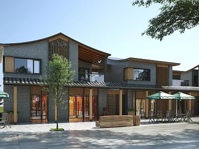 Traditional Modern Commercial Street With Outdoor Seating Umbrellas Trees Bench And Architecture 3d model