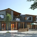Traditional Modern Commercial Street With Outdoor Seating Umbrellas Trees Bench And Architecture