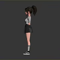 Woman with bun in gray off-shoulder sweater black pleated skirt black white sneakers arms outstretched 3d model