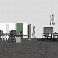 Modern Office Desk With Minimalist Design Office Chair Partition Pendant Lights And Marble Floor