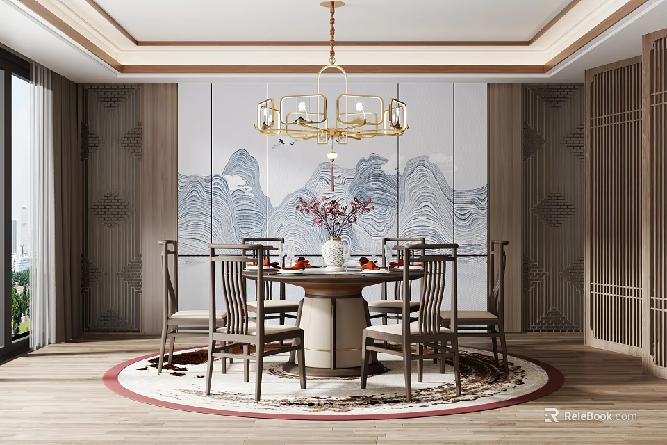 Chinese Style Restaurant Interior With Landscape Painting Golden Chandelier Round Table Wooden Chairs 3d model 