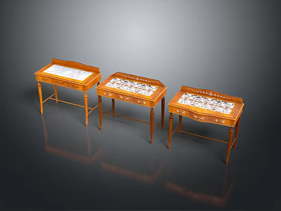 Classic Wooden Tables With Carved Details And Inlaid Tops Set of Three 3d model