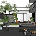 Modern Courtyard Garden With Fountain Green Plants Seating Steps Lighting And Modern Architecture