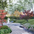 Serene Garden Landscape With Stone Pathway Colorful Trees Flowers And Wooden Structure