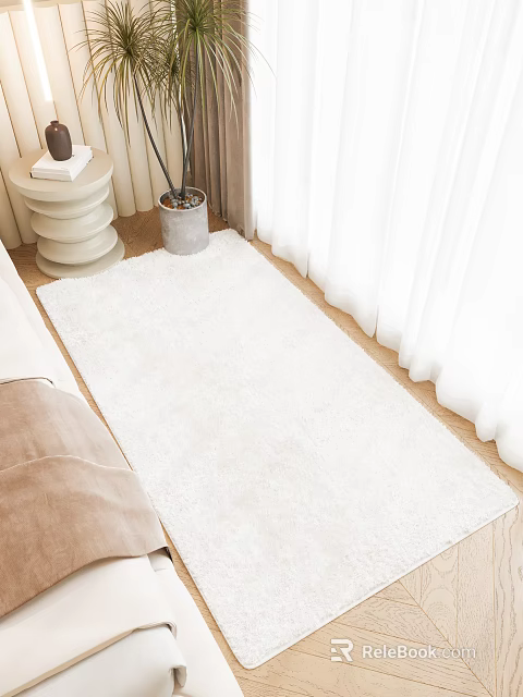 Bright Bedroom Interior Featuring White Shaggy Rug Beige Sofa Wooden Floor and White Curtains 3d model 