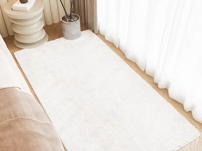 Bright Bedroom Interior Featuring White Shaggy Rug Beige Sofa Wooden Floor and White Curtains 3d model