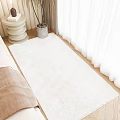 Bright Bedroom Interior Featuring White Shaggy Rug Beige Sofa Wooden Floor and White Curtains
