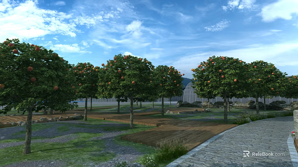 Garden Landscape With Fruit Bearing Trees Green Grass And Stone Path Under Blue Sky 3d model 