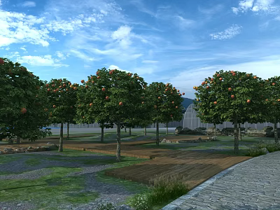Garden Landscape With Fruit Bearing Trees Green Grass And Stone Path Under Blue Sky 3d model