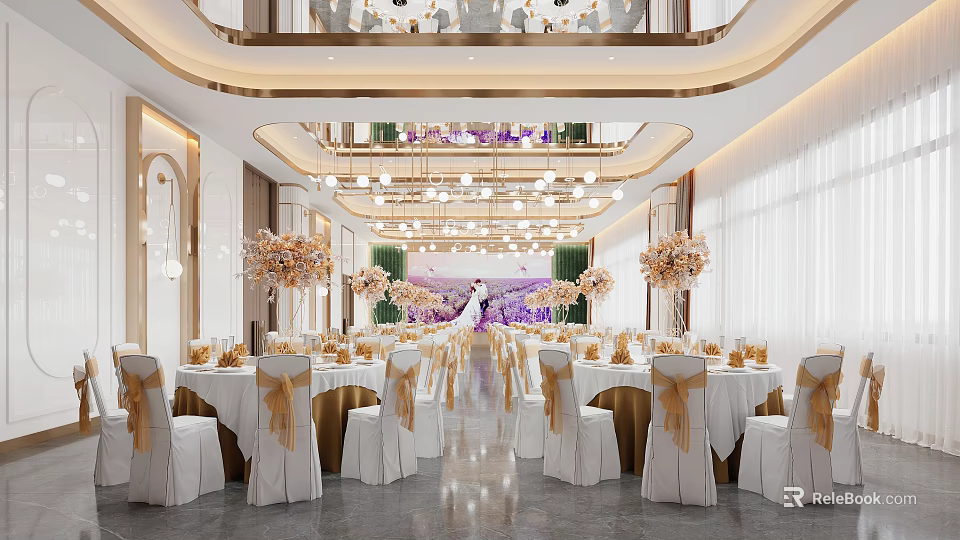 Elegant Modern Banquet Hall With Gold White Chair Covers Decorated Tables And Chandelier Lighting 3d model 