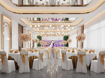 Elegant Modern Banquet Hall With Gold White Chair Covers Decorated Tables And Chandelier Lighting 3d model