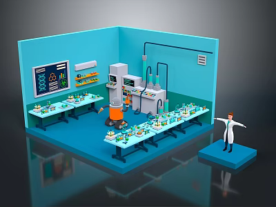Laboratory Interior Design With Blue Walls Lab Tables Lab Equipment And Person In White Coat 3d model