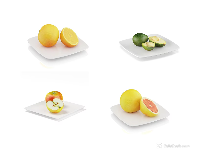 Fresh Lemon Lime Apple Grapefruit Whole and Sliced on White Plates 3d model