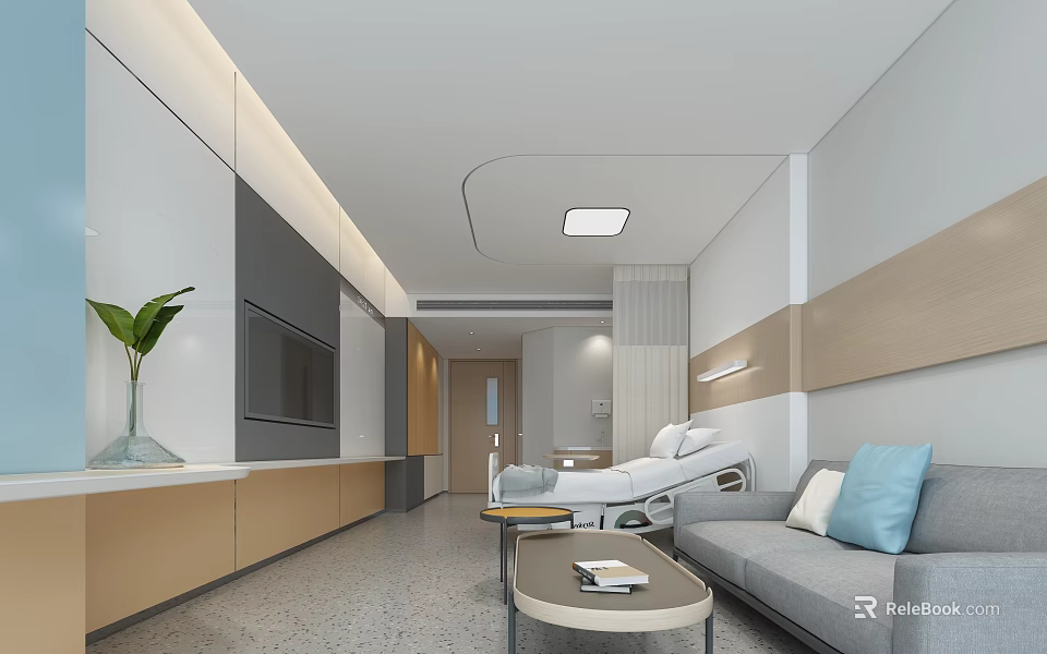 Modern Hospital Room Interior With Medical Bed Comfortable Sofa Coffee Table TV And Plant 3d model 