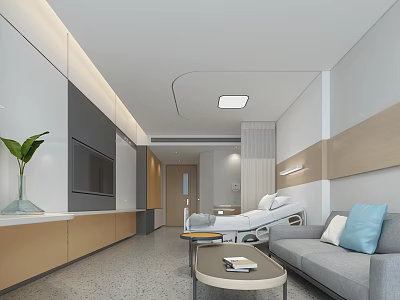 Modern Hospital Room Interior With Medical Bed Comfortable Sofa Coffee Table TV And Plant 3d model