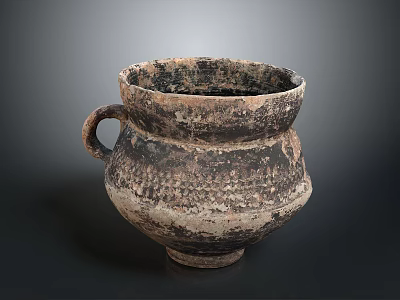Ancient Handcrafted Carved Pottery Vessel With Textured Surface And Handle 3d model