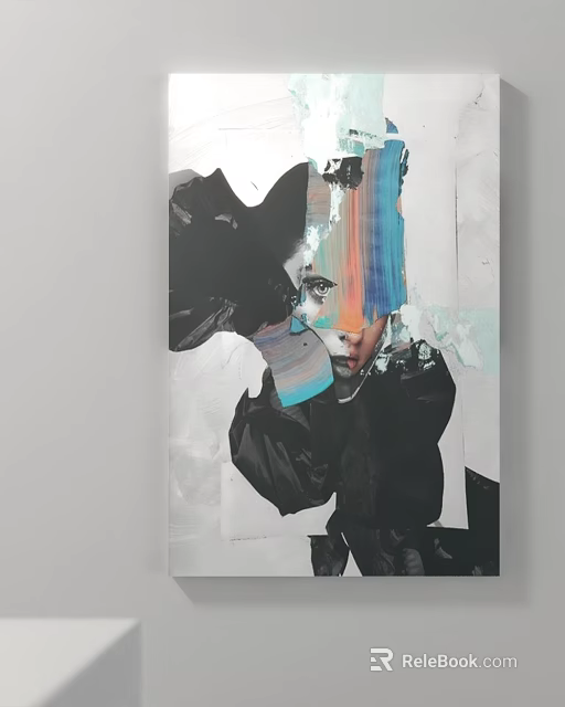 Abstract Portrait Painting in Modern Collage Style with Blue Orange Hues and Layered Elements 3d model 