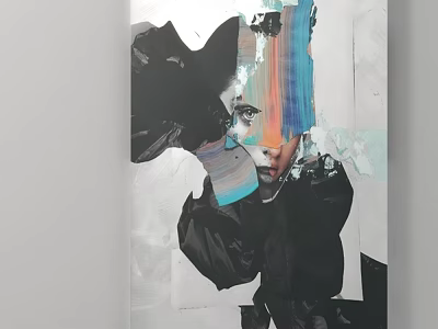 Abstract Portrait Painting in Modern Collage Style with Blue Orange Hues and Layered Elements 3d model