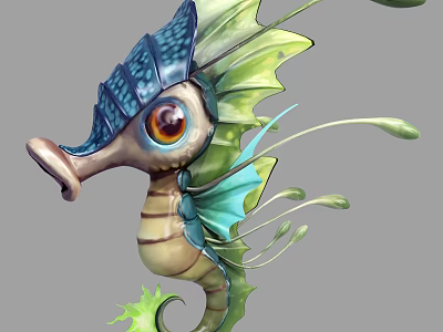 Vibrant Aquatic Seahorse With Blue Head Green Fins Large Eyes Curled Tail Green Decorative Features 3d model