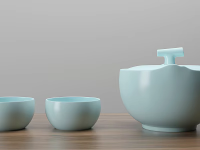 Light Blue Ceramic Cups And Bowl With Lid On Wooden Table In Minimalist Setting 3d model