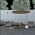 Outdoor Sofa Set With Parasol Geometric Pattern Wall Green Plants Coffee Table And Cushion