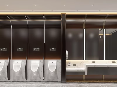 Modern Public Restroom Interior Design With Private Stalls Marble Washbasins And Lighting 3d model
