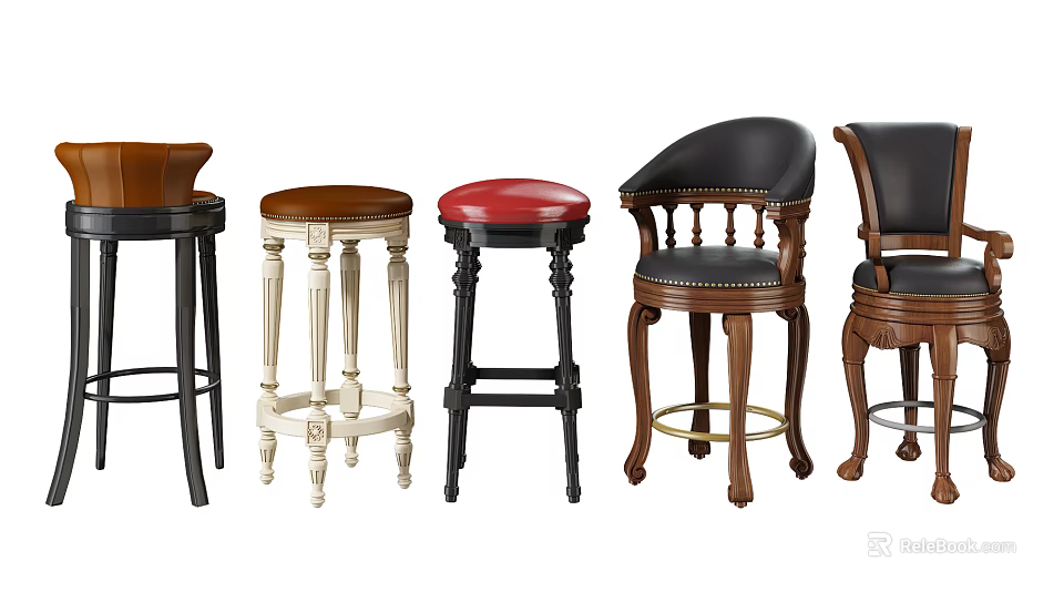 Assorted Design Bar Stools With Leather Seats And Wooden Legs For Home Decor 3d model 