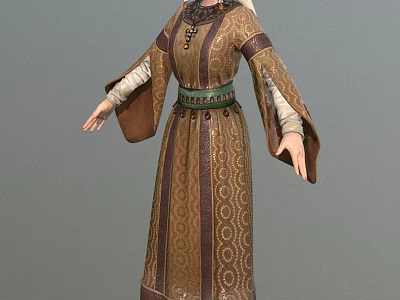 Woman In Traditional Brown Patterned Dress With Green Belt And Long Sleeves 3d model