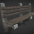 Outdoor Bench With Slatted Wooden Seat Backrest And Stone Supports For Garden Use