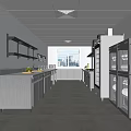 Commercial Kitchen Interior With Stainless Steel Cabinets Long Countertop Ceiling Lights And Window