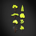 Various Green Tree Models With Different Shapes And Foliage Designs