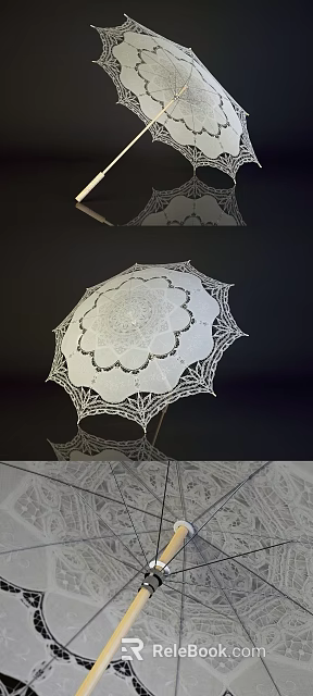 Elegant White Lace Umbrella with Wooden Handle and Delicate Floral Pattern Design for Daily Use 3d model 
