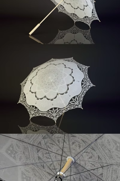 Elegant White Lace Umbrella with Wooden Handle and Delicate Floral Pattern Design for Daily Use 3d model