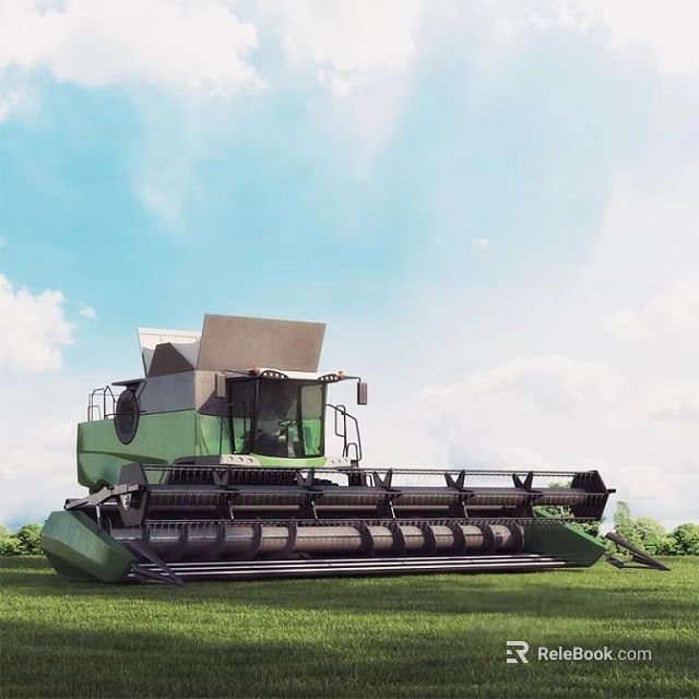 Green Agricultural Harvester Operating In Field With Blue Sky And White Clouds 3d model 