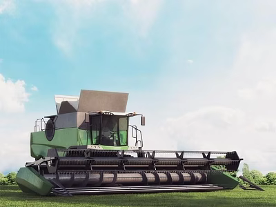 Green Agricultural Harvester Operating In Field With Blue Sky And White Clouds 3d model
