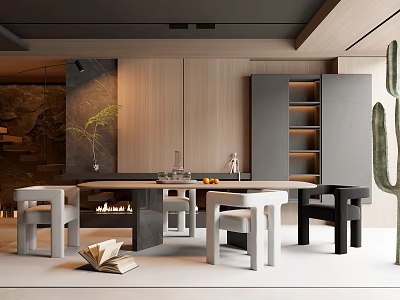 Modern Restaurant Interior Featuring Wooden Cabinets Gray Storage Dining Table Chairs Fireplace and Cactus 3d model